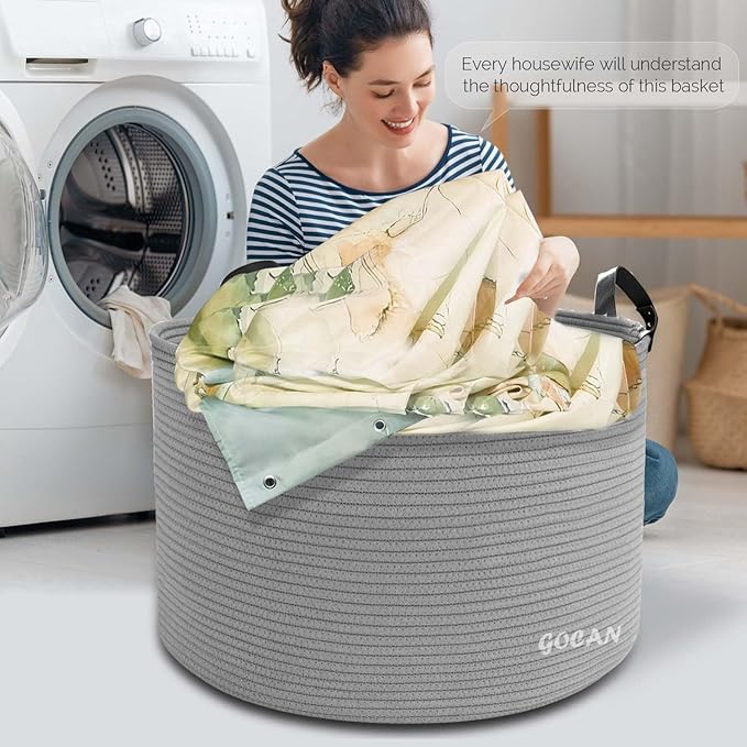 Extra Large Storage Laundry Basket 22" X 22"X 14" Cotton Rope Woven Basket for Blanket with Handles for Living Room Toys Storage XXXL (Gery)