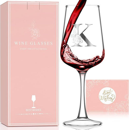 Monogrammed Wine Glass Gifts for Women - Personalized A-Z Wine Glasses with Gift Box & Greeting Card | Custom Mothers day, Anniversary, Birthday Gifts for Her, Mom, Wife, Best Friend, Sister,Woman (K)