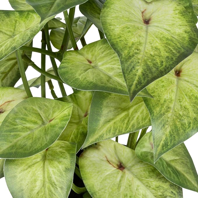 MyGift Artificial Arrowhead Plant Potted in Black Concrete Pot with Geometric Embossed Pattern, Faux Syngonium Podophyllum 'White Butterfly' Green Leaf Indoor Home Table Decor