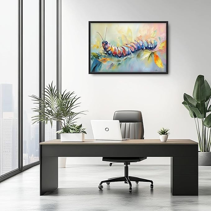 Extra Large Framed Abstract Caterpillar Wall Art,Colorful Cute Caterpillar Leaves Wall Decor Pictures for Living Room,Canvas Print Painting Modern Artwork Bedroom Office Bathroom 36L x24W