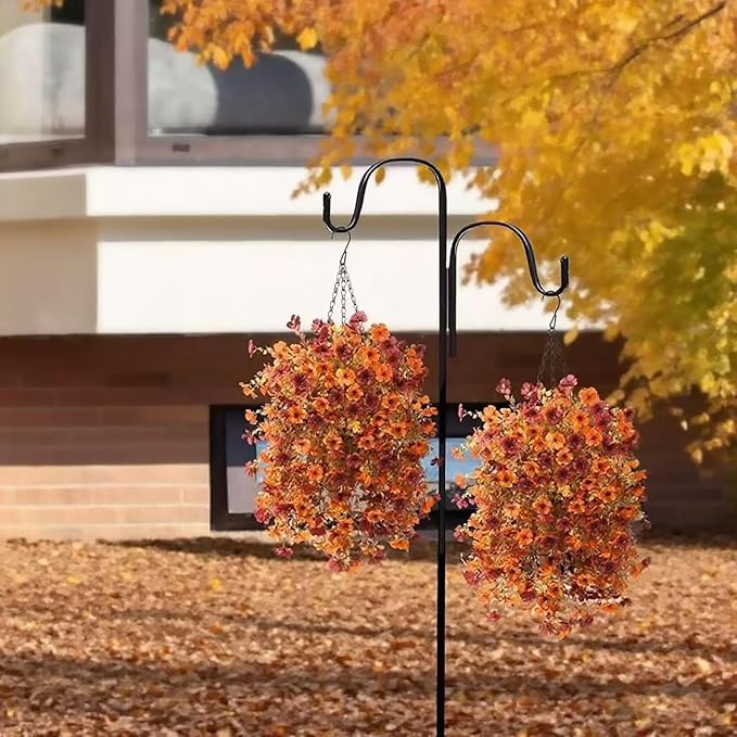 Fall Artificial Hanging Flowers for Outdoor 2 Pcs Fake Hanging Plants Autumn Decor -UV Resistant Artifical Faux Flower Silk Flowers for Indoor Planter Porch Balcony Yard Decor (Orange+Dark Red)
