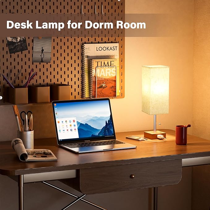 Table Lamp for Bedroom Set of 2 Nightstand - 3 Color Bedside Lamps with AC Outlets for Charging, Square Wooden Night Stand Light Lamp for Living Room, Office Desk