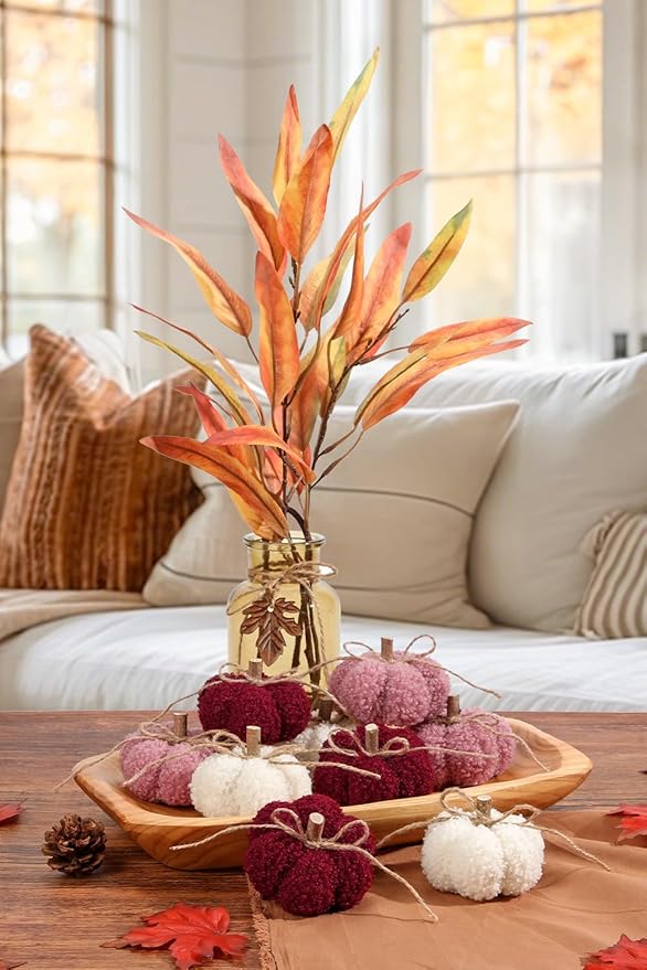 Fake Fall Pumpkin Decorations for Home, 9 Pcs Artificial Mini Fabric Pumpkins Autumn Decor, Fake Pumpkins for decorating, Fall Table Centerpiece Harvest Decor, Halloween, Thanksgiving, Burgundy & Pink