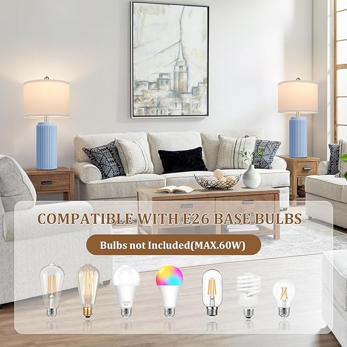 23.5’’ Sky Blue Farmhouse Table Lamps for Living Room Set of 2, Modern Elegant Ceramic Bedside Nightstand Lamps with White Linen Shade for Bedroom, Coastal Lamps Set for Study Home Office