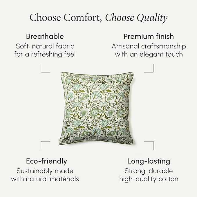 CPC 100% Cotton Throw Pillow Covers 24x24 Inch, Set of 2 Green Block Print Pattern Couch Pillow, Cute Boho Decorative Pillows for Living Room, Bedroom with Hidden Zipper- Agate Green