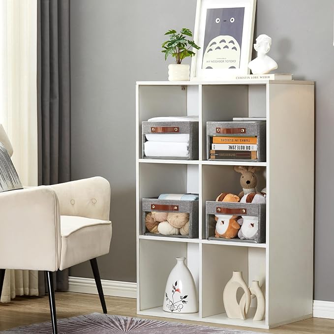 Medium Storage Baskets with Clear Window, See Through Closet Organizer with PU Handles, Linen Foldable Storage Bins for Organizing Clothes, Toys, Books (Gray)