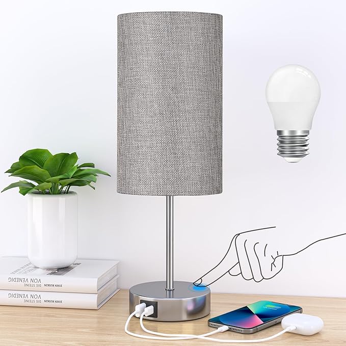 AKASUKI Table Lamp for Bedroom, 3 Way Dimmable Touch Lamp with Dual Charging Station, Small Bedside Lamps for Night Stands, Living Room, Office(LED Bulb Included)