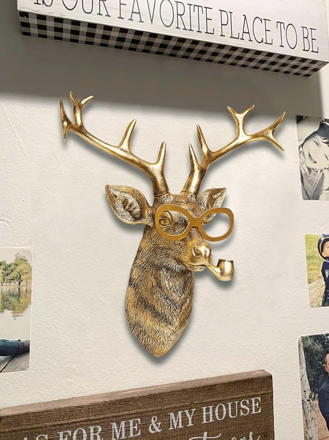 Animal Heads Wall Decor Resin Animals Sculptures Head Wall Hanging Decoration Gold vintage Wall Sculpture for Living Room Bedroom Office(Deer,not include metal frames)