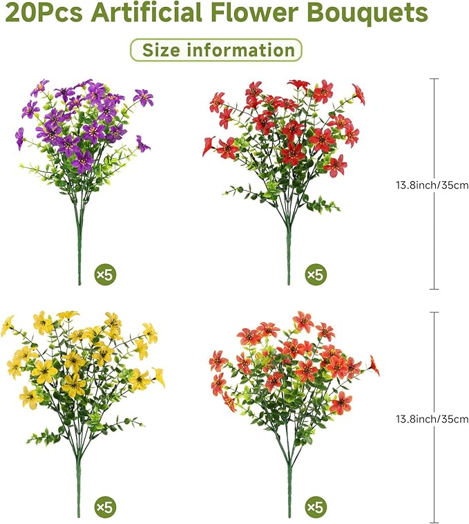 SHareconn Artificial Fake Flowers for Outdoors Spring Decorations,Faux Daisy Silk Plants UV Resistant Realistic Planter Look Real for Porch Patio Outside Summer Decor,20 Bundles,RedPurpleYellowOrange
