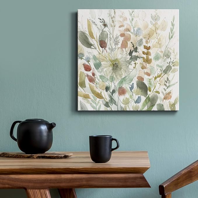 Wexford Home Square Premium Gallery Wrapped Canvas Flower Multicolor Wall Art Abstract Floral Romance Modern Pictures Print for Office, Ready to Hang, linen wildflower garden, 10x10