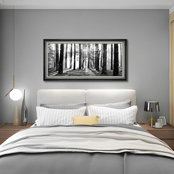 Black and White Forest Canvas Art: Framed Tree Sunshine Wall Painting Nature Foggy Landscape Prints for Living Room