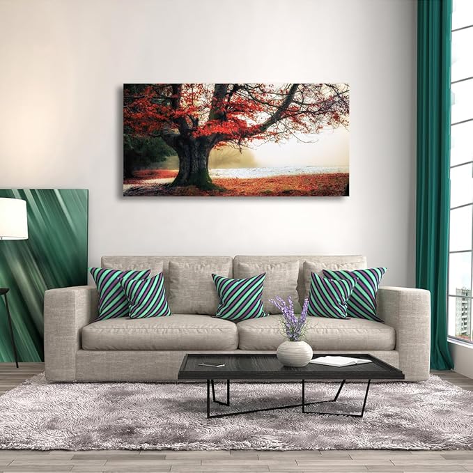 Stunning Nature Landscape Wall Art - 20x40 inches Canvas Artwork of Sunrise Forest Scenery with Red Leaves. Perfect Wall Decoration for Living Room, Bedroom and More