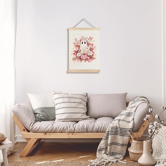 Supwhd Fall Floral Halloween Ghost Wall Art with Wooden Poster Hanger, Pink Bow Ghost Coquette Wall Decor, Coquette Preppy Room Decor, Halloween Pictures Wall Decor, 12x16