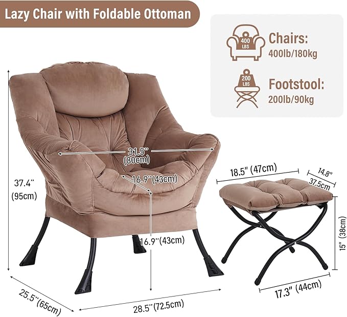 Lazy Chair with Ottoman, Modern Chair with Folding Footrest, Lounge Accent Chair, Comfortable Reading Chair, Oversized Armchairs for Bedroom, Study, Living Room, Courtyard (Khaki)