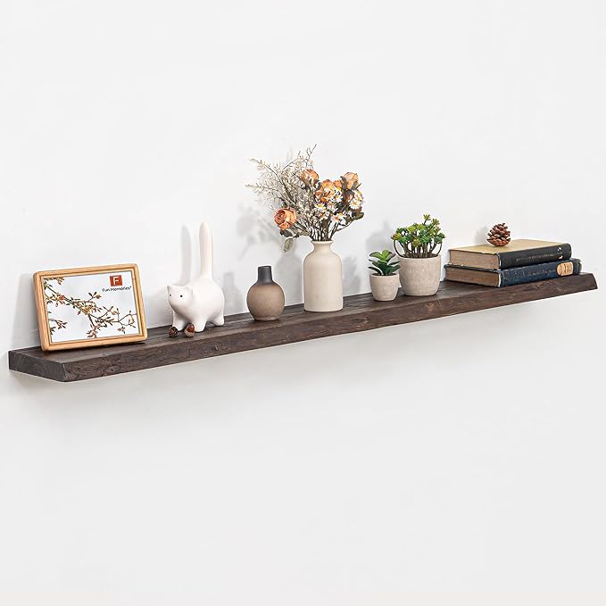 55 Inch Floating Shelves, Rustic Elm Wood Shelves for Wall, Heavy-Duty Long Floating Shelf with Invisible Bracket, Wall Mounted Storage Shelves for Books, Kitchen, Walnut Finish