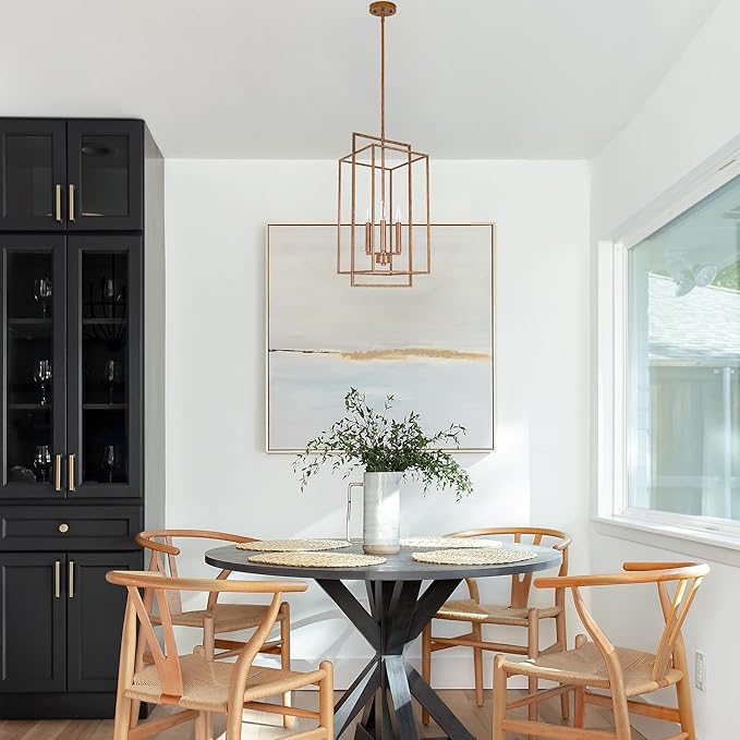 Antique Bronze Chandelier Lighting Fixture with Geometric Metal Cage, Retro Inspired 4-Light Industrial Pendant for Kitchen Island, Living Dining Room, Home Office Stairwell