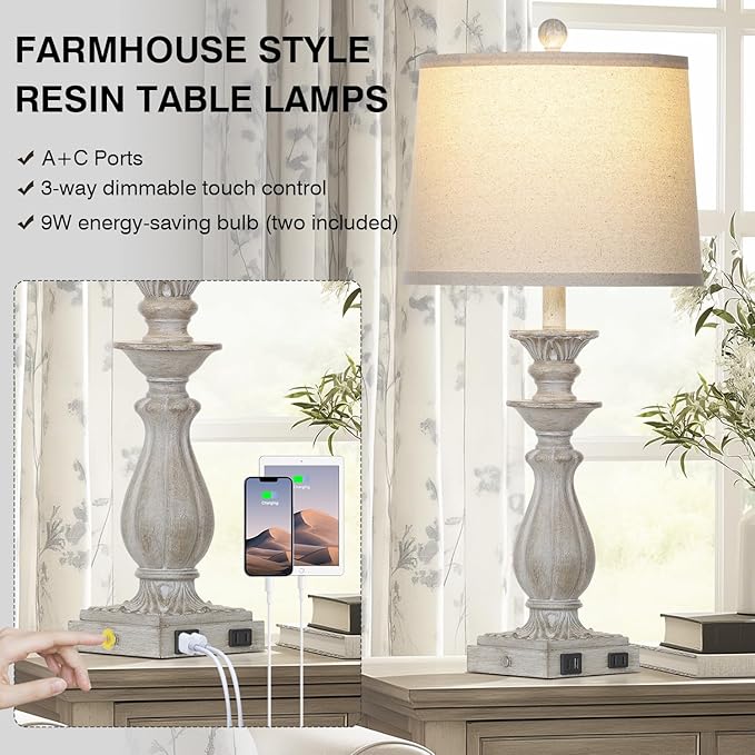 28" Farmhouse Table Lamps for Living Room Set of 2, 3-Way Dimmable Touch Bedside Lamps with USB C+A Ports & AC Outlet, Resin Vintage Tall Nightstand Lamps for Bedroom Office End Table, Grey