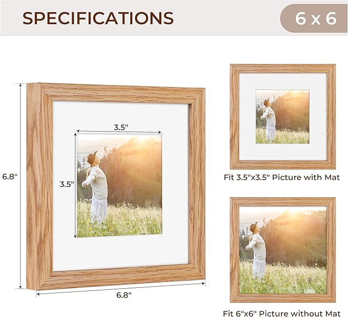 6x6 Picture Frames, Solid White Oak Wood Frame 6 x 6 with Stand for Wall & Tabletop Display, Rustic Wooden Photo Frame 6 by 6 with Real Glass, 6x6 Frame Matted to 4x4, Natural Color, Set of 4