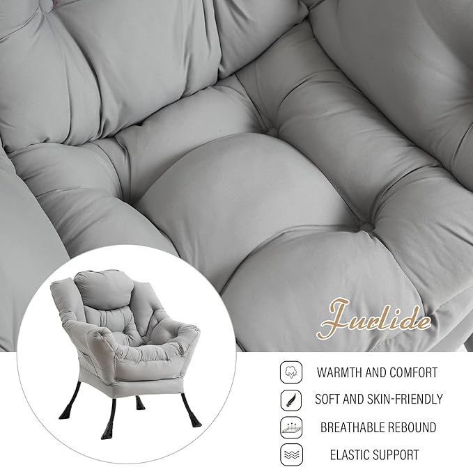 Lazy Chair with Ottoman, Modern Chair with Folding Footrest, Lounge Accent Chair, Comfortable Reading Chair (Light Grey)