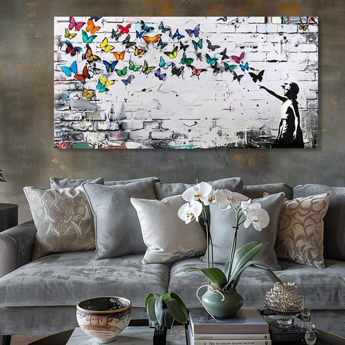 Colorful Graffiti Wall Art Funny Butterfly Paintings Banksy Street Art Mural Pop Art Home Office Wall Decor Framed Canvas Wall Decor for Living Room Ready to Hang - 48x24in