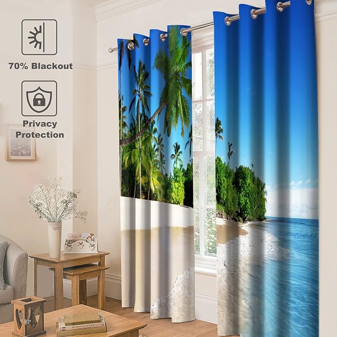 Jekeno Ocean Beach Palm Tree Blackout Curtains Tropical Blue Ocean Sky Sunny Seaside Scene Beach Decor for Bedroom Living Room Grommet Window Drapes 2 Panel Set, 52"x84"