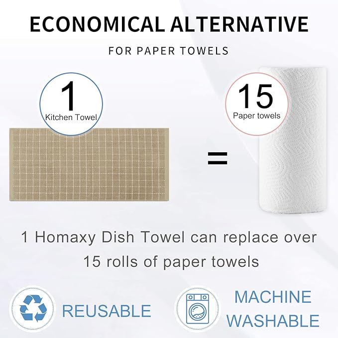 Homaxy 100% Cotton Terry Kitchen Towels(Tan, 13 x 28 inches), Checkered Designed, Soft and Super Absorbent Dish Towels, 4 Pack