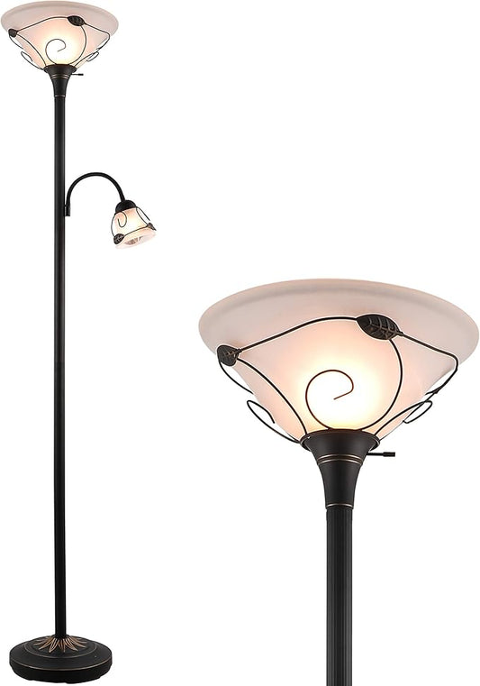 VONLUCE Torchiere Floor Lamp with Side Reading Light, 3-Way Switch Combo Antique Bronze Mother Daughter Floor Lamp with Glass Shade, 71" Desk Floor Lamp for Living Room Corner Bedroom Home Office