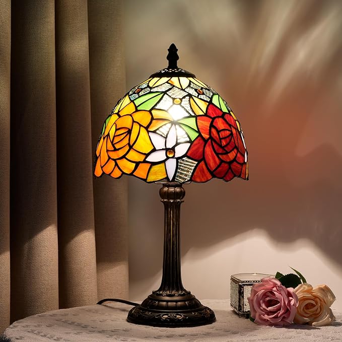 8 Inch Tiffany Stained Glass Lamp, Red And Orange Rose Flower Design, Victorian Vintage Style Bedside Lamp, Suitable For Bedroom Dining Room Office Hotel And Other Home Decoration (Gorgeous Rose)