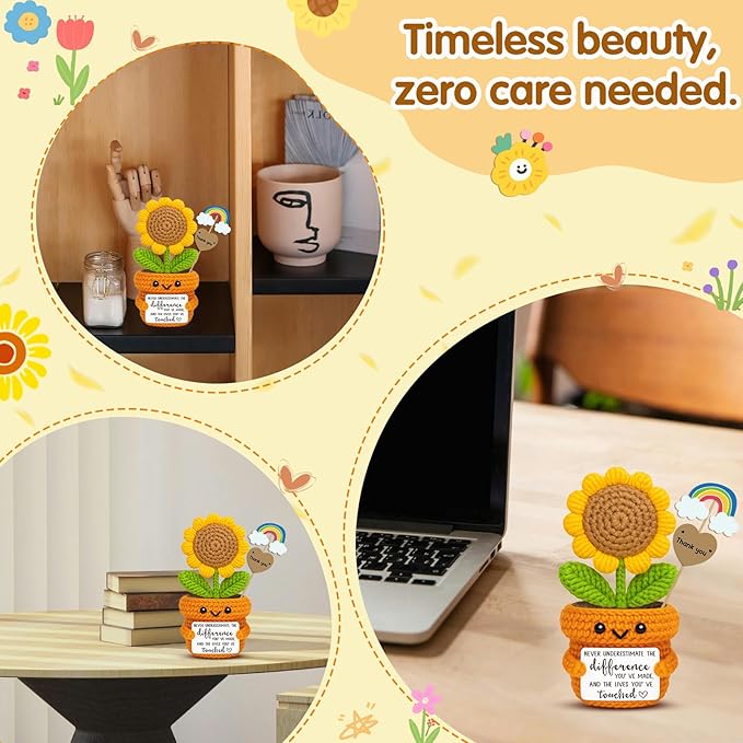 Crochet Sunflower Affirmation Gift “Never Underestimate The Difference You’ve Made” Thank You Gift for Teacher, Mentor, Coworker, Employee, Principal | Retirement & Farewell Appreciation