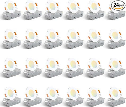 Amico 24 Pack 3 Inch 5CCT Ultra-Thin LED Recessed Ceiling Light with Junction Box, 2700K/3000K/3500K/4000K/5000K Selectable, 7W Eqv 60W, Dimmable Canless Wafer Light, 500LM High Brightness, ETL&FCC