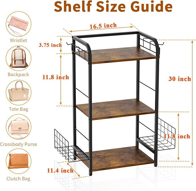 Iron & Wood Floor-Standing 3-Tier Purse Rack with Adjustable Feet, High-Capacity Bag Organizer for Closet, Patent Pending