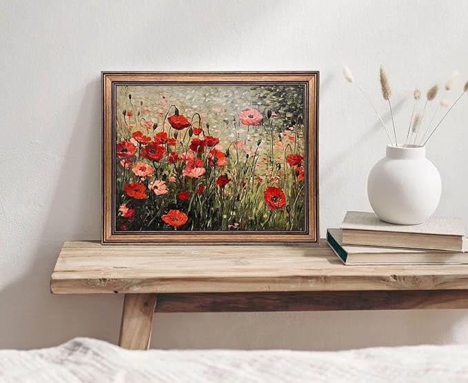 Vintage Wall Art Red Flower Painting, Framed Wall Art, Farmhouse Bedroom Kitchen Wall Art Decor (Flowers, 16L x 12W)