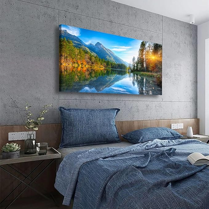 Landscape Canvas Wall Art for Living room Office Bedroom Sunshine Forest Scenery Wall Art Mountain Lake Pictures Art Print Paintings Modern Green Nature Wall Decor Artwork Waterproof -20 * 40inch