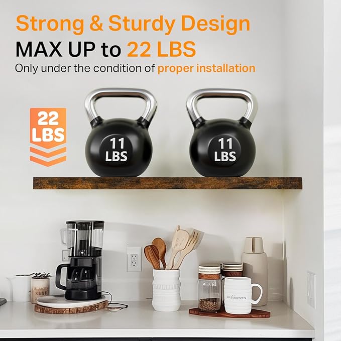 BAYKA Floating Shelves, 22.5" Rustic Wood Wall Mounted Shelves for Bathroom, Bedroom, Living Room&Kitchen, Hanging Display Shelf with 22 lbs Capacity, Fall Home Decor Shelves (Rustic Brown, Set of 2)