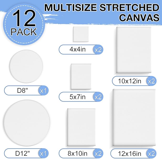 ESRICH 12 Pack Stretched Canvas for Painting, 4x4, 5x7, 8x10, 10x12, 12x16(2 of Each) Canvas and Round Canvas with 8x8, 12x12(1 of Each), Blank Canvases Primed Paint Canvas for Beginners, Artists.