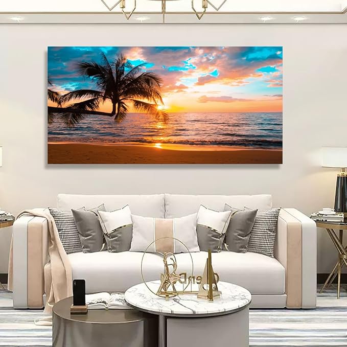 Sunset Beach Picture Canvas Wall Art Print for Living Room and Bedroom Wall Decor,Seascape Palm Landscape Print Paitnings for home Decor,Morden Artwork Sunset Canvas Art Waterproof Stretched Ready to