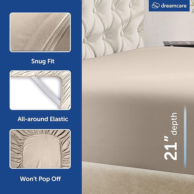 DREAMCARE Queen Sheet Set – 6 pcs Cooling Bed Sheets – up to 21” Deep Pocket Queen Sheets Set – 2500 Supreme Collection – Extra Soft 100% Brushed Microfiber Hotel Luxury with Side Pocket – Beige