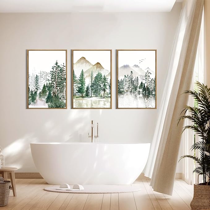 Extra Large Forest Mountain Wall Art Green Watercolor Framed Tree Painting Wall Decor for Living Room Bedroom Bathroom Office 24x36 Inch Set of 3
