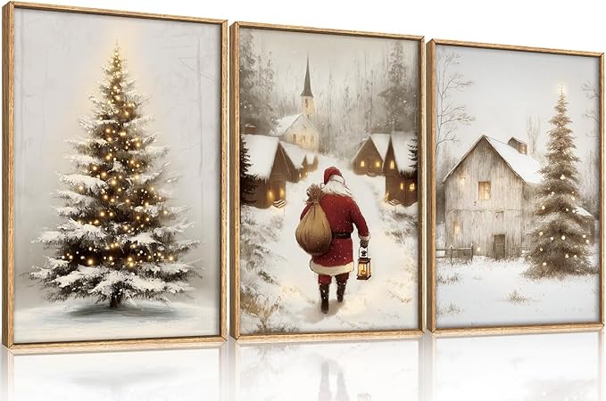 KAIRNE 3 Piece Christmas Wall Art Set, Vintage Rustic Canvas Prints with Santa Claus, Snowy Christmas Tree & Village Scenes, Xmas Eve Decor for Living Room Bedroom Winter Home Decoration 24×36 inch
