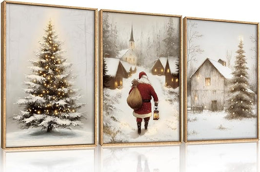 KAIRNE 3 Piece Christmas Wall Art Set, Vintage Rustic Canvas Prints with Santa Claus, Snowy Christmas Tree & Village Scenes, Xmas Eve Decor for Living Room Bedroom Winter Home Decoration 24×36 inch