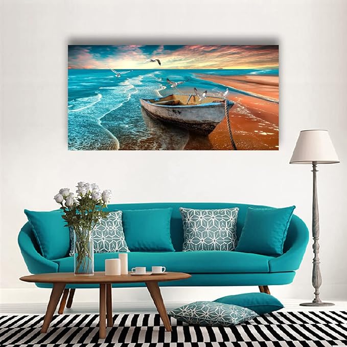 Beach Sunset Pictures Canvas Wall Art For Living Room Bedroom Wall Decor,Seascape Wall Art Print Paitnings For Home Decor,Morden Artwork Boat Canvas Art Waterproof Ready To Hang-28x57 Inches