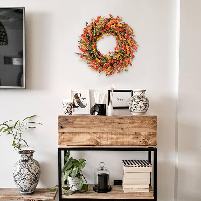 22 Inch Fall Flower Wreath for Front Door, Autumn Yellow Orange Forsythia Flower Indoor Outdoor Wreath with Berries Foam Leaves