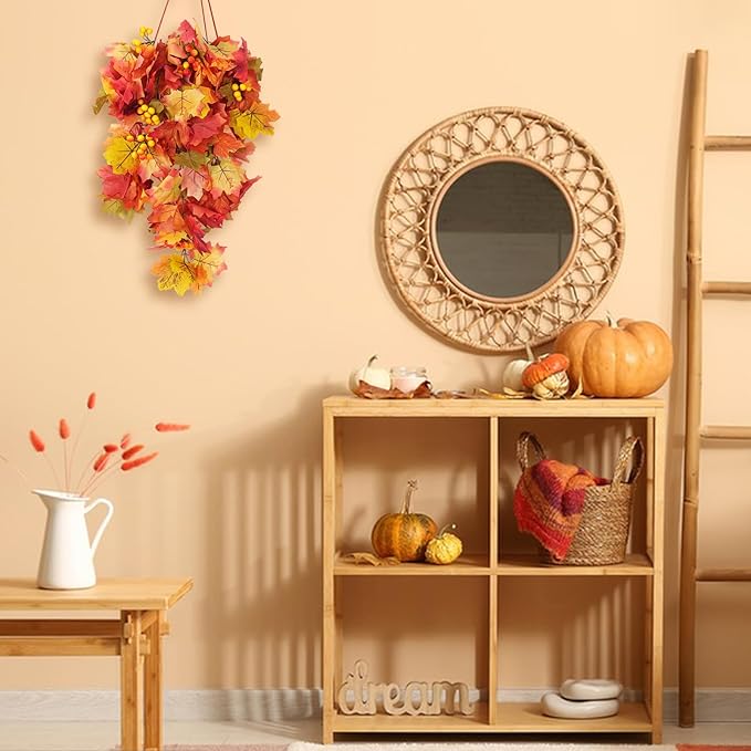 RECUTMS Fall Leaves Hanging Plant Artificial Fall Leaves Garland with Berry Fake Autumn Wall Hanging Leaf Vines for Home Halloween Party Door Frame Fireplace Decoration(Orange with Berry)
