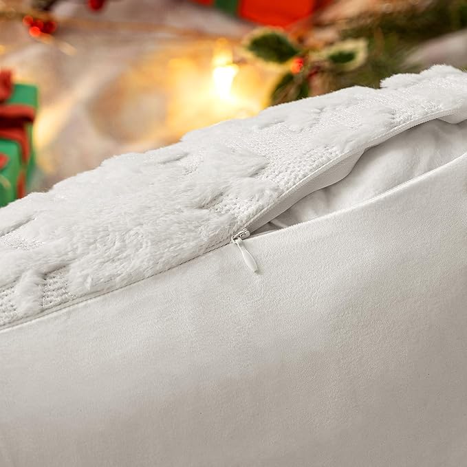 MIULEE Christmas Snowflake Decorative Throw Pillow Covers Set of 2,Soft Fluffy Faux Wool Winter Holiday Couch Pillows for Farmhouse Boho Home Decor Sofa Bed Porch Living Room 16x16 Inch Pure White