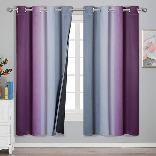 Estelar Textiler Ombre Grey and Purple Blackout Curtains 72 Inch Length 2 Panels, Full Room Darkening Curtains for Living Room, Grommet Thermal Insulated Gradient Drapes for Bedroom, 52x72 Inch