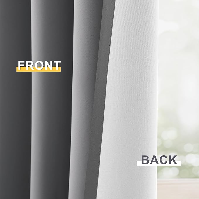 Yakamok 100% Blackout Curtain Panels 72 inches Cold and Light Blocking Drapes for Nursery, 2 Thick Layers Thermal Insulated Draperies (2 Pieces, 50 Wide Each Panel, Grey Front with White Backing)