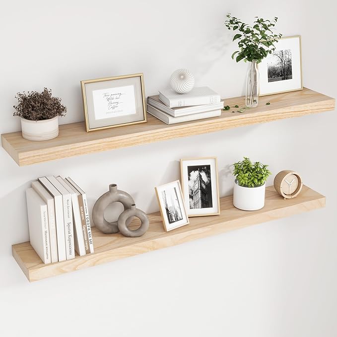 Natural Wood Floating Shelves, 48 Inch Wood Floating Shelves Set of 2, Natural Raw Wood Shelves for Living Room Bedroom Home Office - Natural