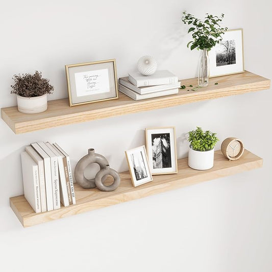 Natural Wood Floating Shelves, 48 Inch Wood Floating Shelves Set of 2, Natural Raw Wood Shelves for Living Room Bedroom Home Office - Natural