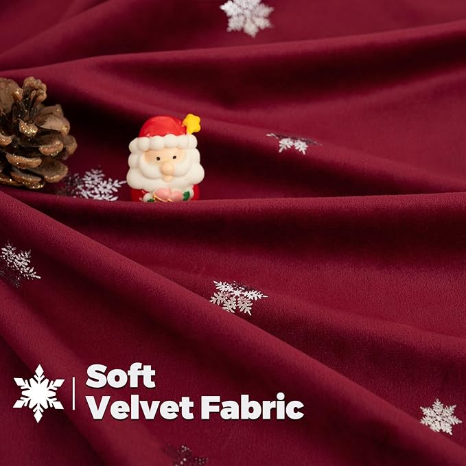 BGment Christmas Velvet Curtains with Snow Silver Printed 90 Inches Long, Elegant Thermal Insulated Blackout Back Tab and Rod Pocket Curtains for Living Room, 2 Panels, 52 x 90 Inch, Burgundy Red