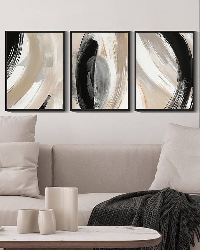 KUVIOKE Black Neutral Abstract Framed Wall Art Modern Minimalist Graffiti Pastel Wall Decor Art for Bedroom Living Room Hallway Ready to Hang 11x14in (Black Framed)
